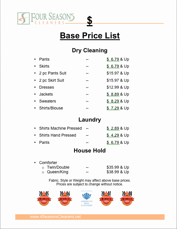 Cleaning Services Price List Template Unique Four Seasons Cleaners In Carpinteria California