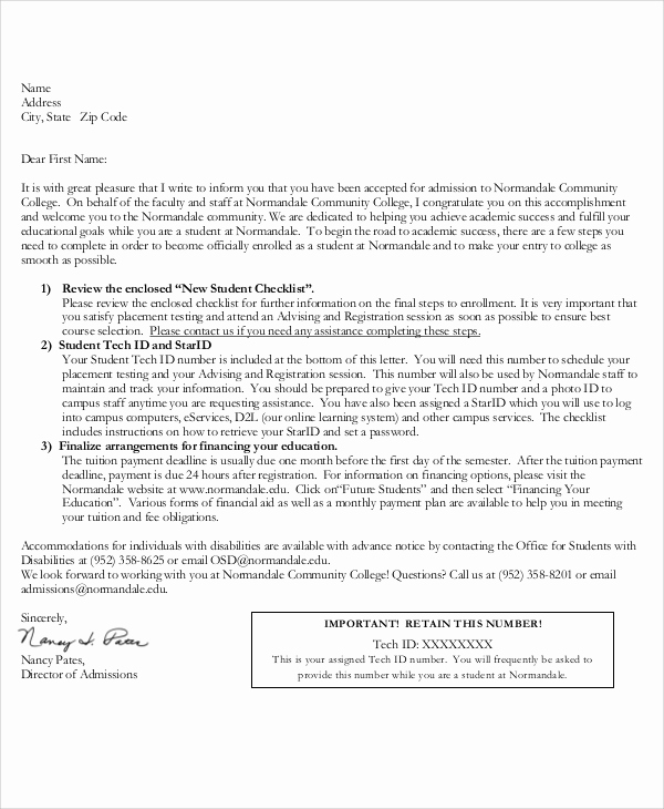 College Acceptance Letter Sample Awesome 8 Sample College Acceptance Letters Pdf Word