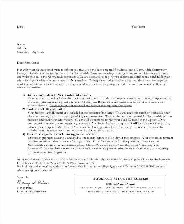 College Acceptance Letter Sample Fresh 16 Acceptance Letters Free Sample Example format