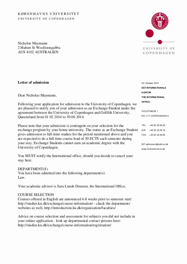College Acceptance Letter Sample New Ku Letter Of Admission