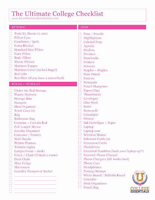 College Packing List Pdf Lovely Bows Pearls &amp; sorority Girls College Essentials