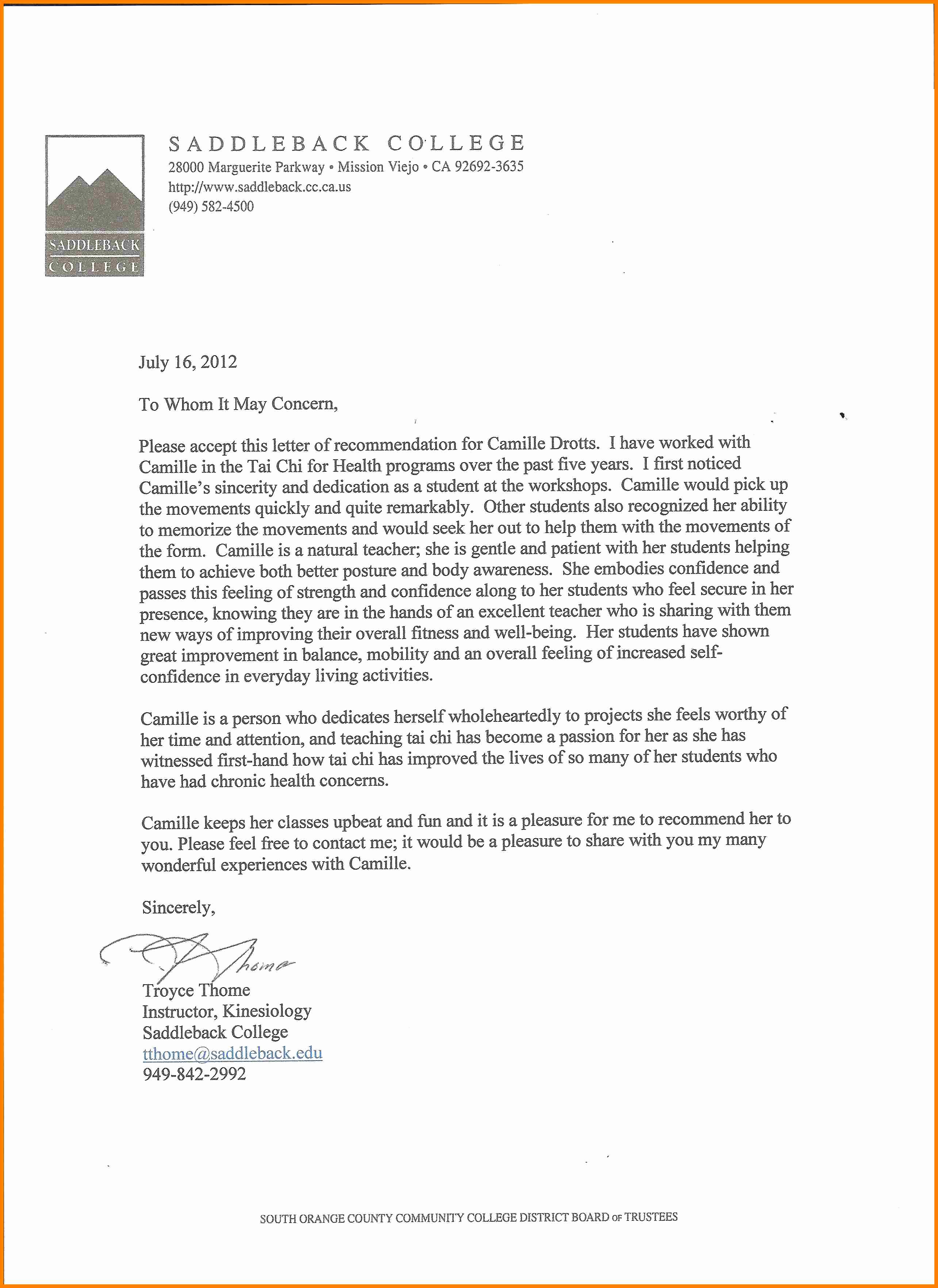 College Recommendation Letter Sample Awesome 7 Letter Of Re Mendation From College Professor