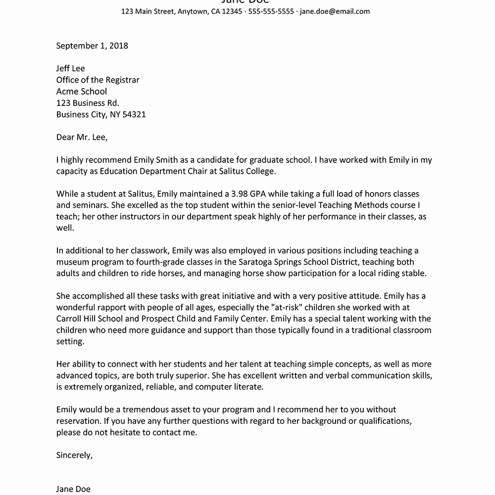 College Recommendation Letter Sample Awesome Re Mendation Letter Graduate School