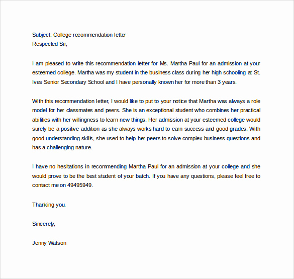 College Recommendation Letter Sample Fresh 18 College Re Mendation Letters Pdf Word