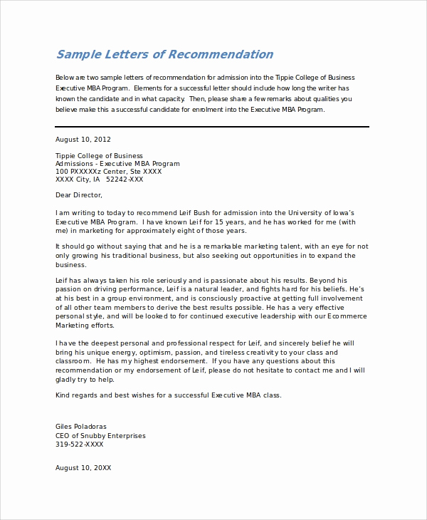 College Recommendation Letter Sample Lovely Re Mendation Letter Sample for College Admission