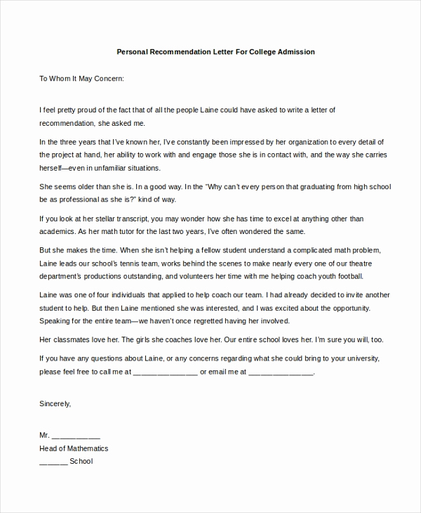 College Recommendation Letter Sample New Sample Personal Re Mendation Letter 4 Free Documents