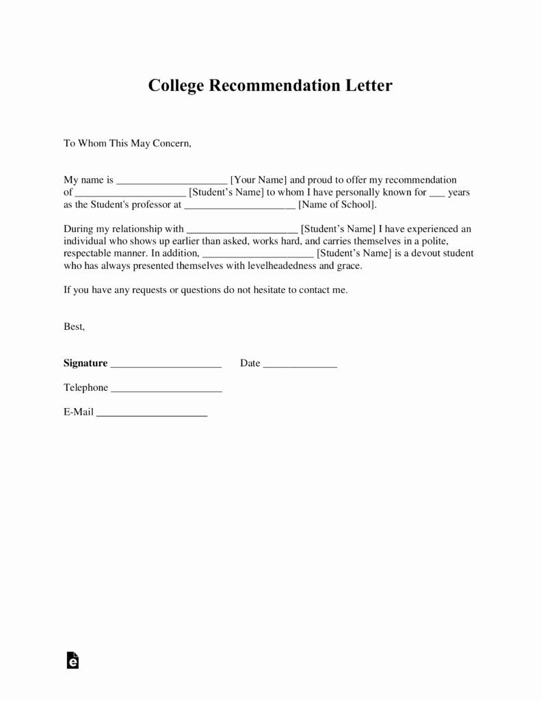 College Recommendation Letter Sample Unique Free College Re Mendation Letter Template with Samples