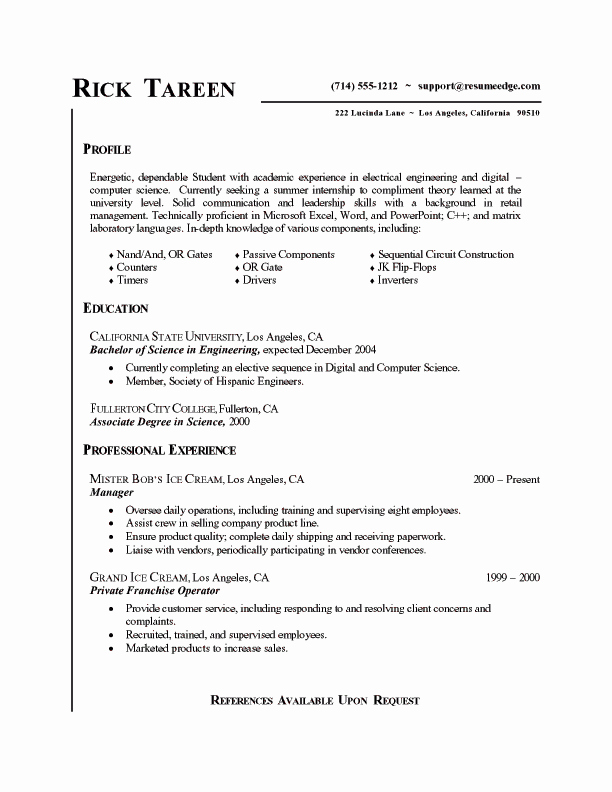 Computer Science Internship Resume Inspirational Internship Application Resume Student Seeking Internship