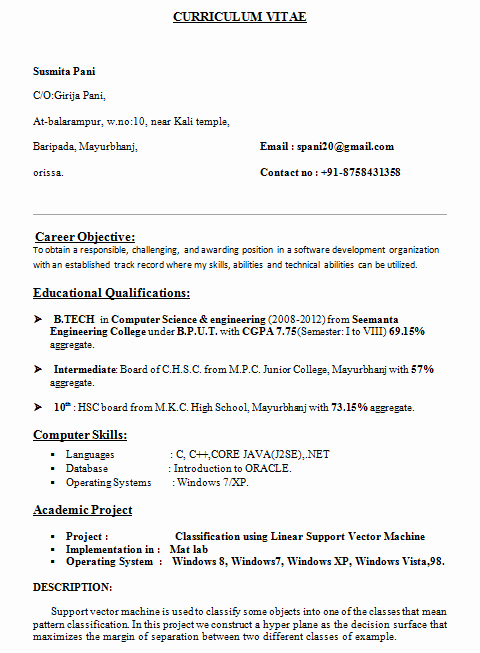 Computer Science Student Resume Fresh Resume format for B Tech Cse Students