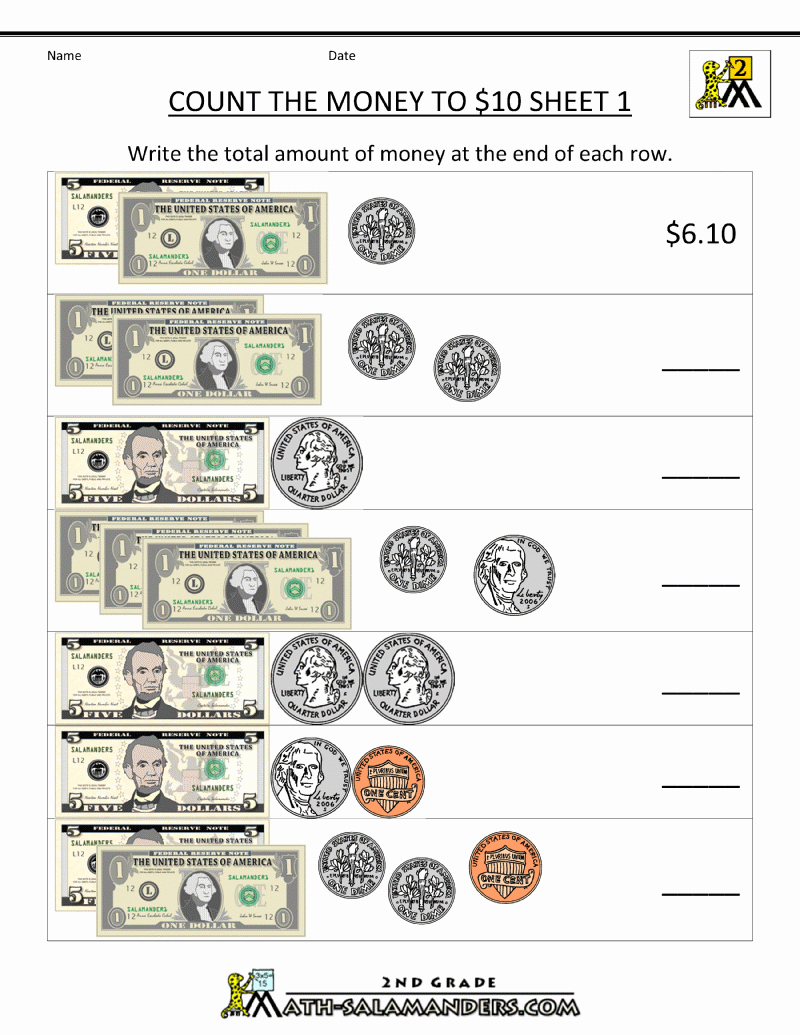 Counting Money Worksheets Pdf Luxury Count the Money to 10 Dollar