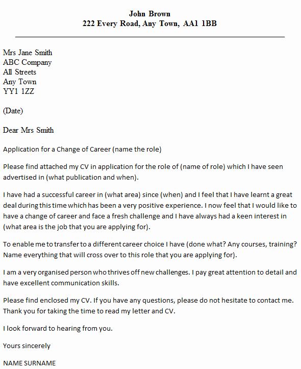 Cover Letter Career Change New Career Change Cover Letter Example Icover