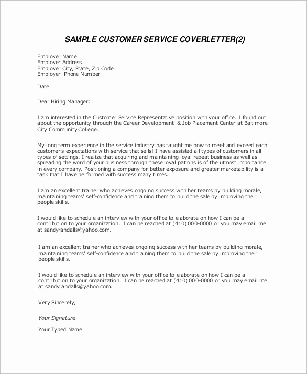 Cover Letter Customer Service Inspirational Sample Customer Service Cover Letter 8 Examples In Word