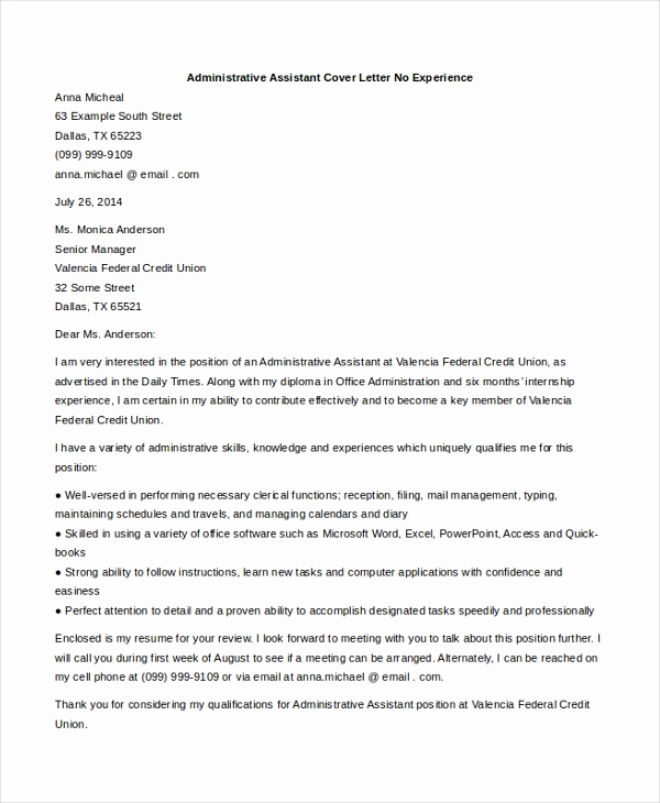 Cover Letter for Administrative Position Unique Sample Administrative assistant Cover Letter 7 Free