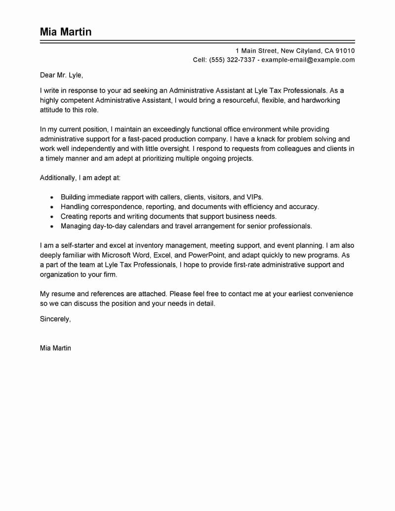 Cover Letter for Executive assistant Fresh Best Administrative assistant Cover Letter Examples