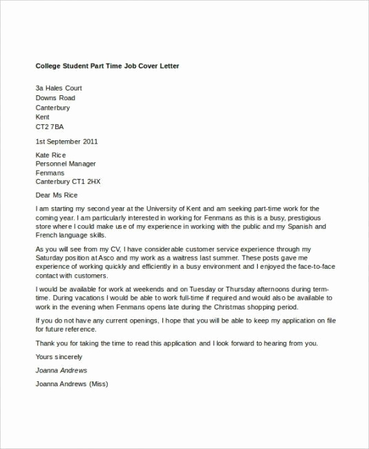 Cover Letter for First Job New Cover Letter for First Part Time Job