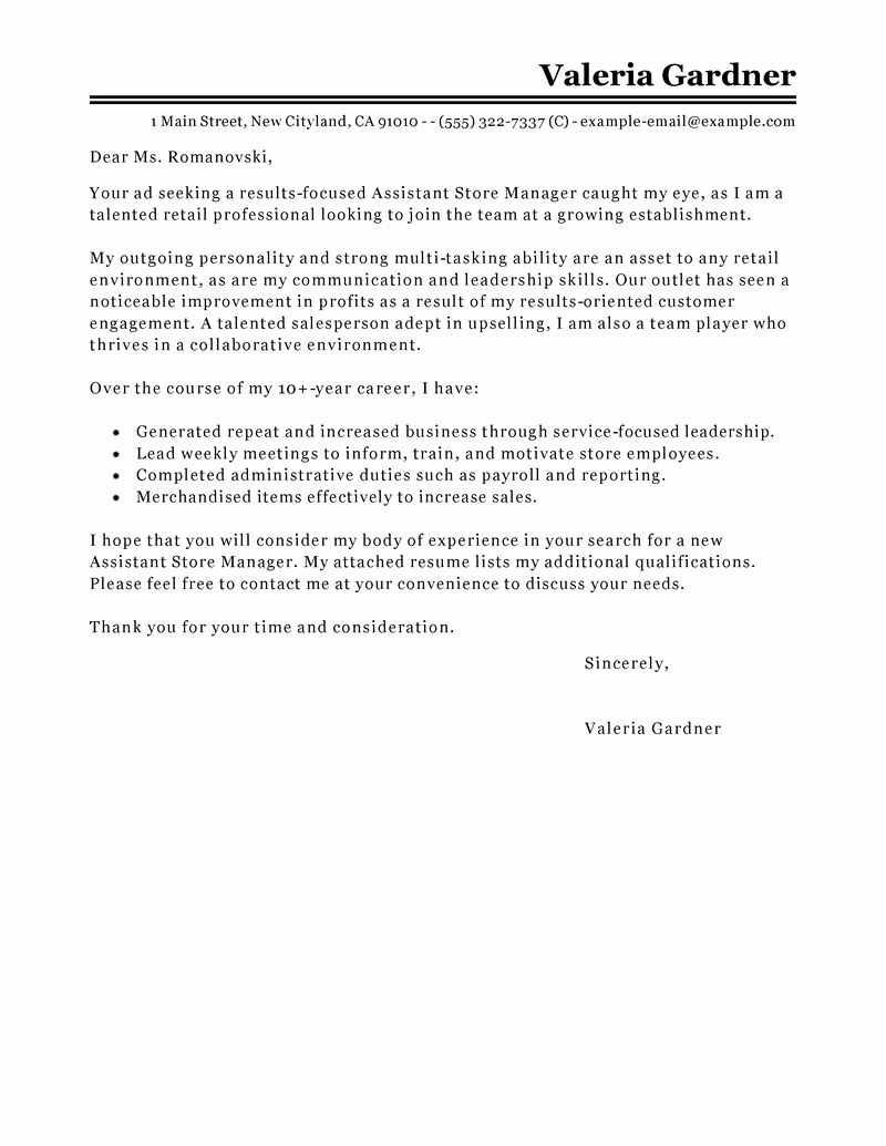 Cover Letter for Retail Luxury Leading Professional assistant Store Manager Cover Letter