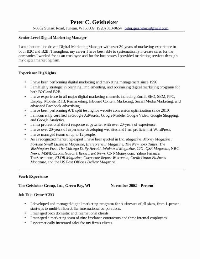 Digital Marketing Resume Sample Elegant Peter Geisheker Digital Marketing Manager Resume