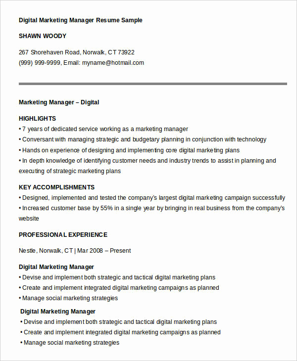Digital Marketing Resume Sample Fresh 40 Free Manager Resume Templates Pdf Doc