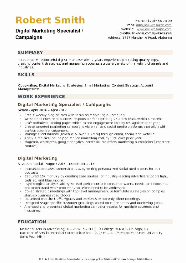 Digital Marketing Resume Sample Luxury Digital Marketing Specialist Resume Samples