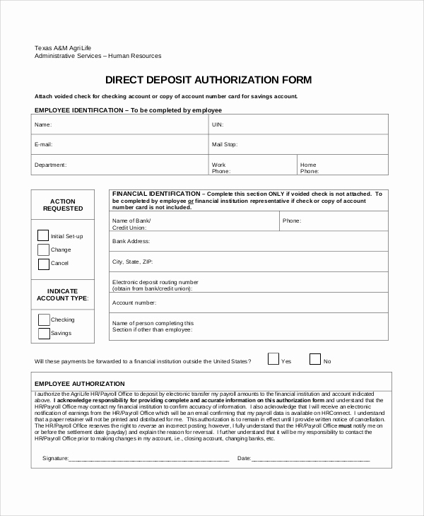 Direct Deposit form Template Luxury Sample Direct Deposit Authorization form 10 Examples In