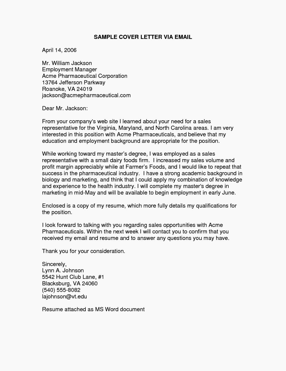 example cover letter for resume in email