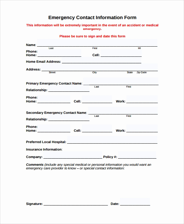 Emergency Contacts form Templates Fresh 9 Sample Contact forms