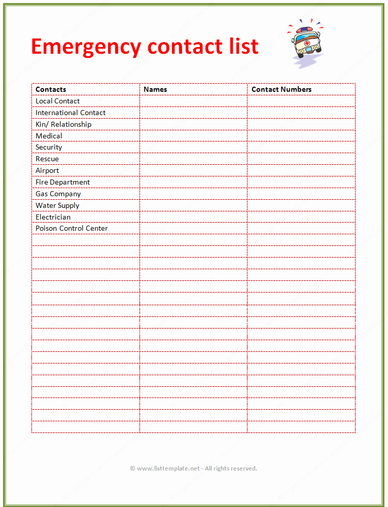 Emergency Contacts form Templates Fresh Contact List Template for Emergency List Templates