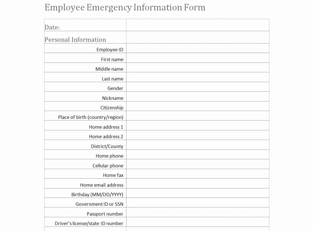 Employee Emergency Contact form Elegant Employee Emergency Information form Template