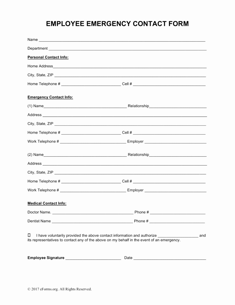Employee Emergency Contact form New Emergency Contact Sheet