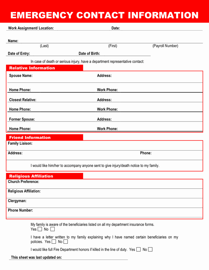 Employee Emergency Contact forms Luxury Emergency Contact form In Word and Pdf formats