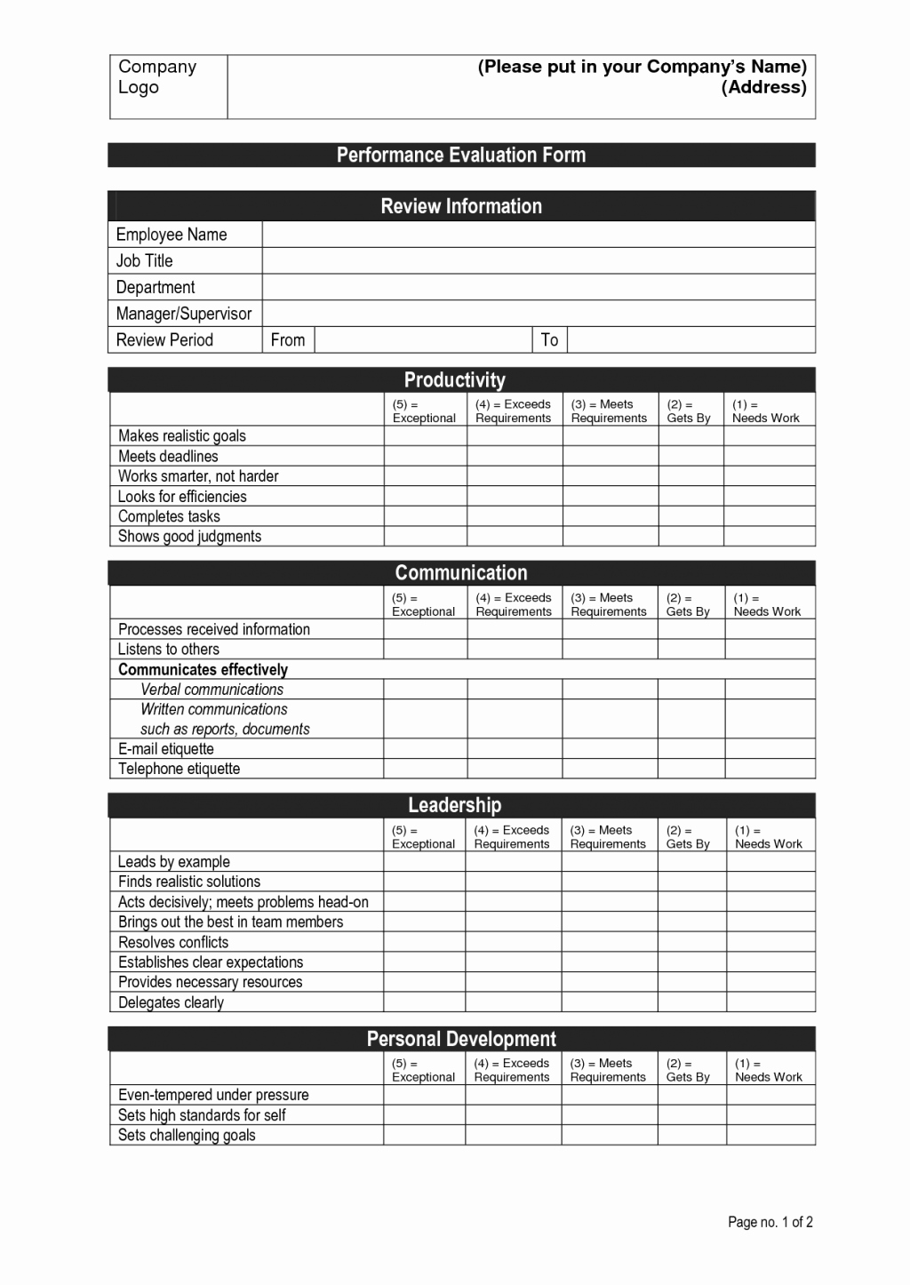 Employee Evaluation form Template Word New Employee Performance Review Template Doc Evaluation form