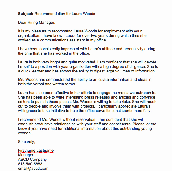 Employee Letters Of Recommendation Inspirational Re Mendation Letter for Employee From Manager