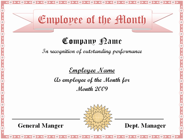 Employee Of the Month Template Awesome Employee Of the Month Certificate Template Excel Xlts