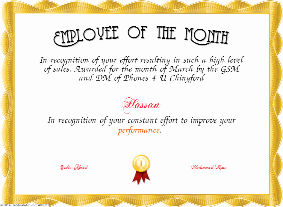 Employee Of the Month Template Lovely Funny Employee the Month Certificate Template Choice