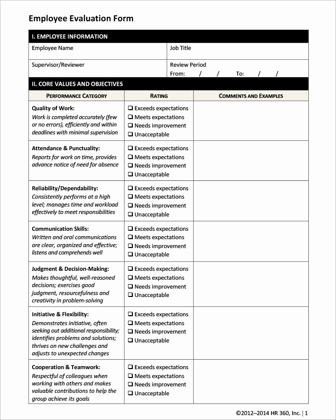 Employee Performance Evaluation form Awesome 13 Hr Evaluation forms Hr Templates