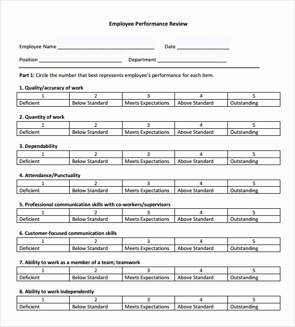 Employee Performance Evaluation format Inspirational Sample Employee Performance Review Template 8 Free
