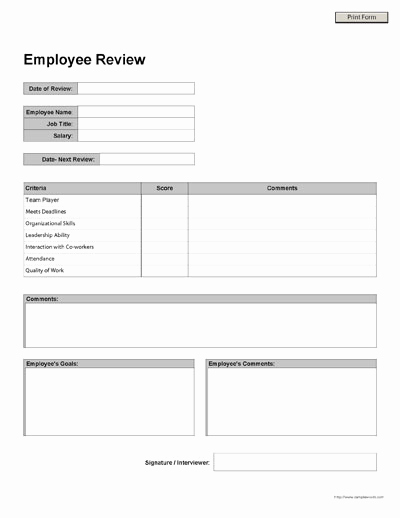 Employee Performance Evaluation forms Elegant Free Printable Employee Review form