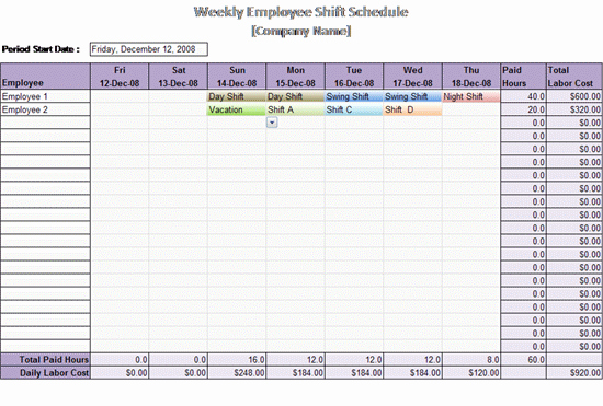 Employee Shift Schedule Template Awesome Work Schedule Template Weekly Employee Shift Schedule