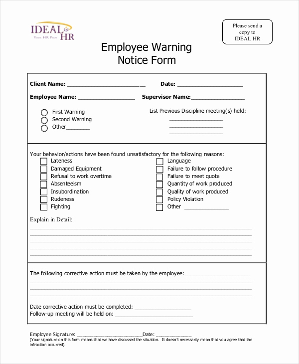 Employee Written Warning form Beautiful 6 Sample Employee Warning Notice forms