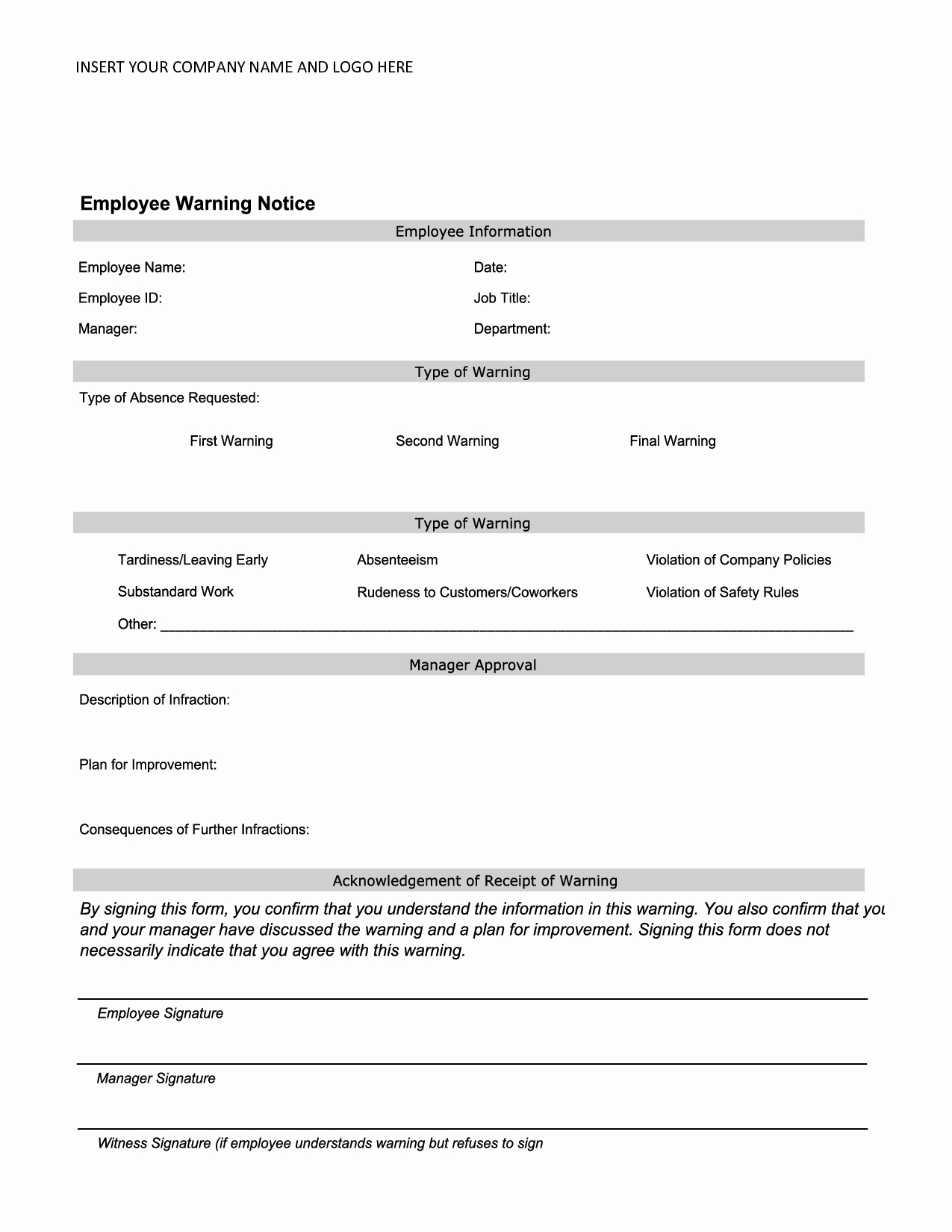 Employee Written Warning form Inspirational Employee Warning Notice Employee forms