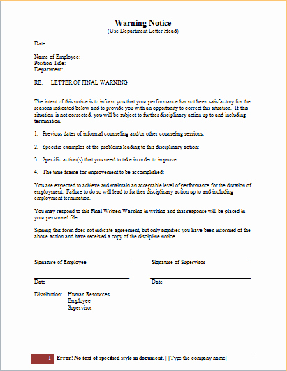Employee Written Warning form Luxury Employee Warning Notice Template Ms Word