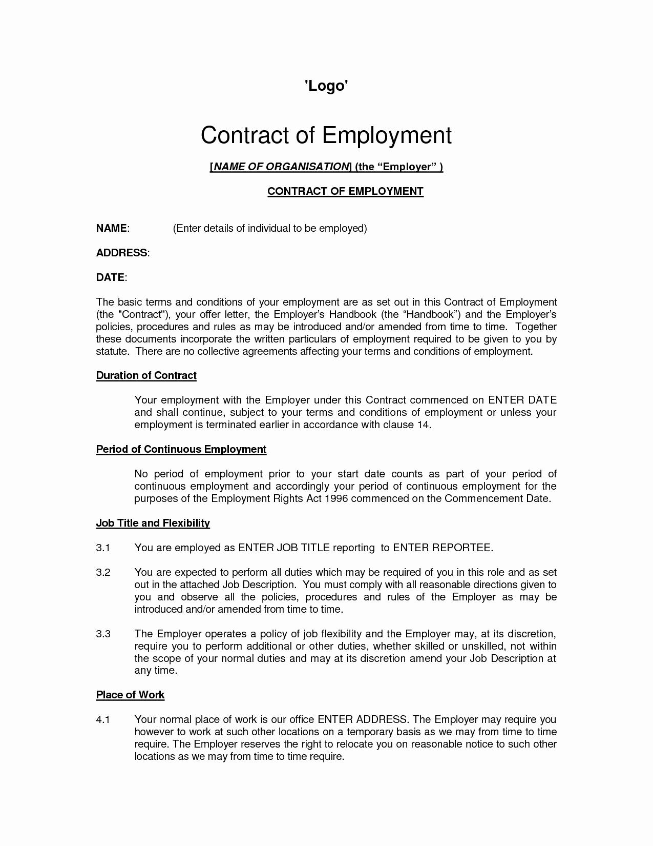 Employment Contract Template Word Unique Free Printable Employment Contract Sample form Generic