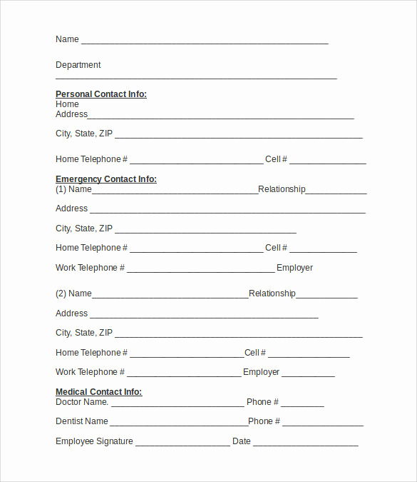 Employment Emergency Contact form Beautiful Emergency Contact forms 11 Download Free Documents In