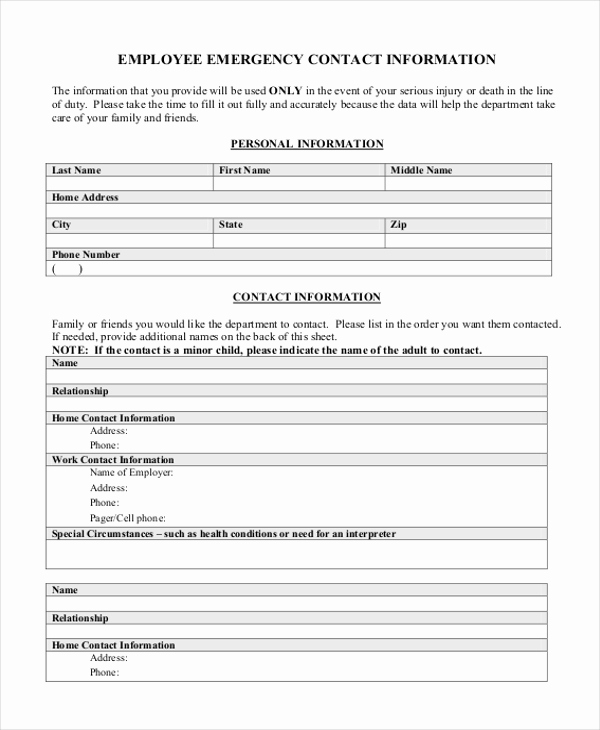 Employment Emergency Contact form Luxury Sample Employee Information form 10 Free Documents In