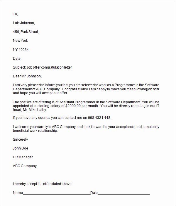 Employment Offer Letter Template Inspirational 16 Sample Job Fer Letters – Pdf Word Apple Pages