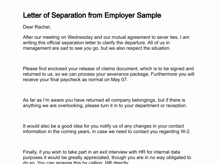 Employment Separation Agreement Template Elegant Letter Separation From Employer Template