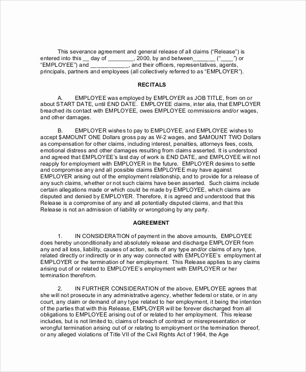 Employment Separation Agreement Template New Sample Employment Separation Agreement 8 Documents In