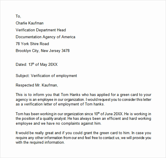 Employment Verification Letter Template New Sample Proof Of Employment Letter 9 Download Free