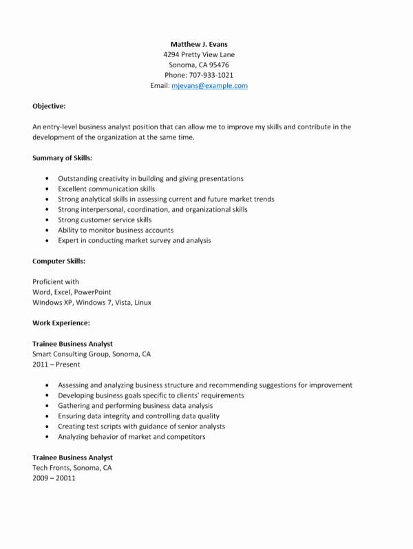 Entry Level Business Analyst Resume Best Of Free Entry Level Business Analyst Level Resume Template