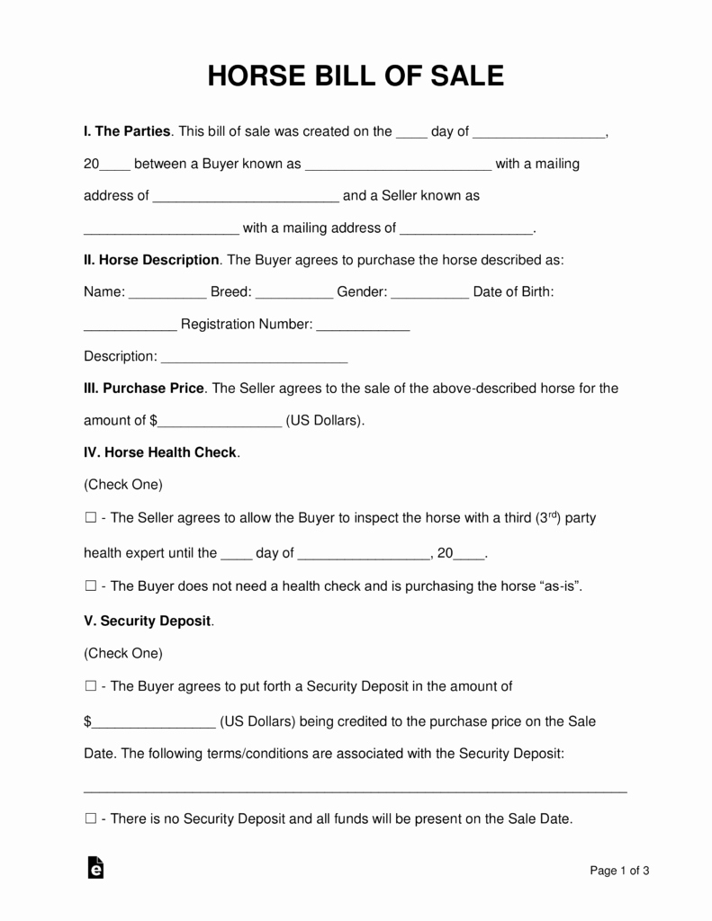 Equine Bill Of Sale Lovely Free Horse Bill Of Sale form Word Pdf